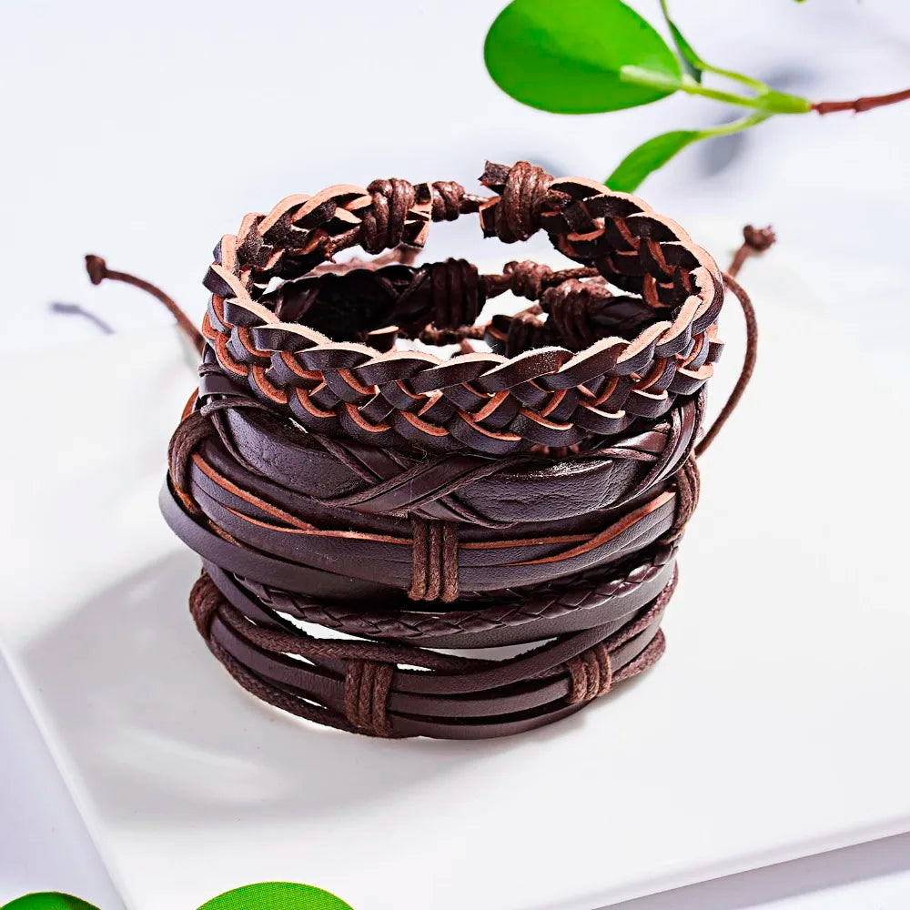 Men's Vintage Multilayer Leather Braid Bracelet - Handmade Star, Leaf & Owl Rope Wrap Bangle, Male Gift Jewelry