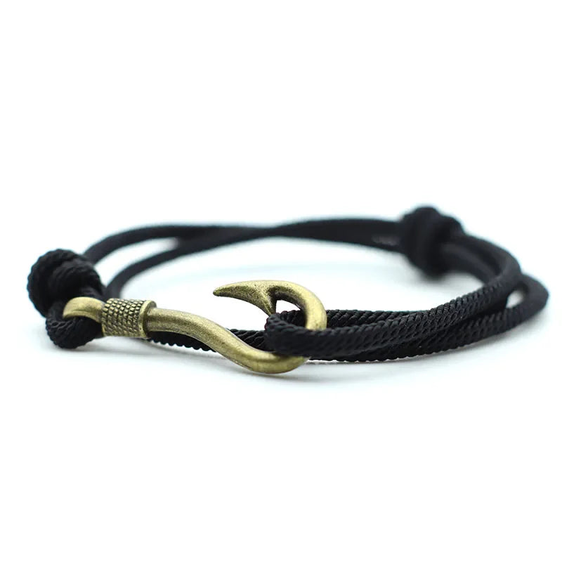 Vintage Fish Hook Men's Bracelet – Double Layer Braided Lucky Wine Red Adjustable Bracelet, Gift for Him