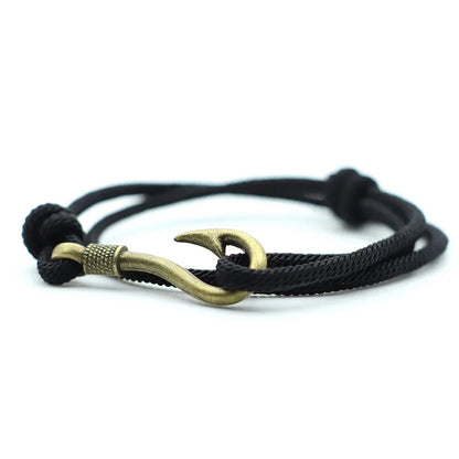 Vintage Fish Hook Men's Bracelet – Double Layer Braided Lucky Wine Red Adjustable Bracelet, Gift for Him