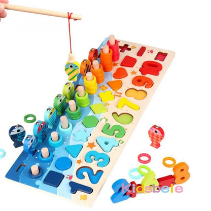 Montessori Math Learning Toy - Wooden Puzzle Fishing Game with Number Counting, Shape Matching & Sorting Activities for Toddlers