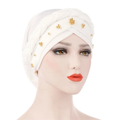 Women’s Cotton Head Scarf – Solid Turban Bonnet Hijab Cap with White Pearl Inner, Muslim Arab Wrap