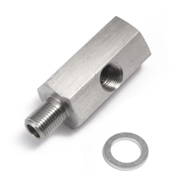 Stainless Steel Oil Pressure Sensor Connector — Side Hole Tee Adapter for 1/8"NPT, 1/4"NPT, M10, M12, M14 Feed Line Gauge