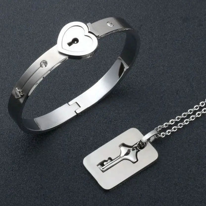 Couple Jewelry Set – Stainless Steel Love Heart Lock Bracelets & Key Pendant Necklace for Men & Women Gift