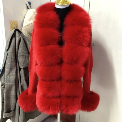Women’s Spring & Autumn Sweater Cardigan – Real Fox Fur Collar Jacket, Natural Fur Outerwear