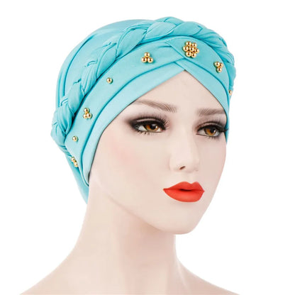 Women’s Cotton Head Scarf – Solid Turban Bonnet Hijab Cap with White Pearl Inner, Muslim Arab Wrap