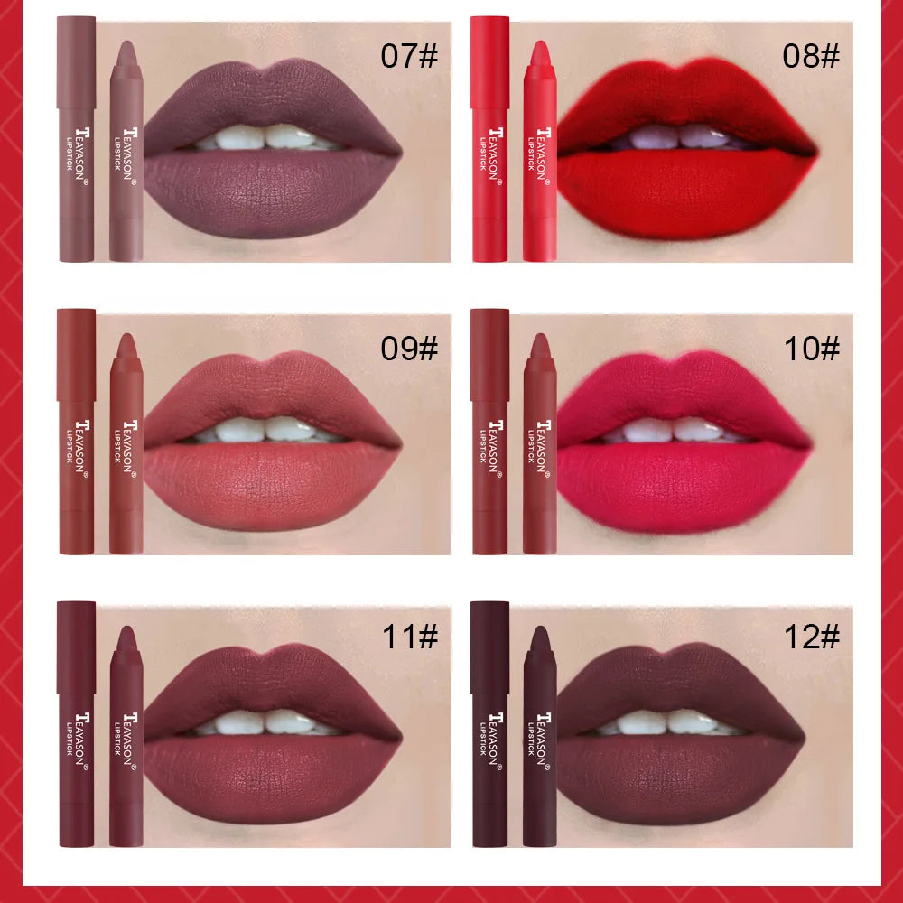 12-Color Natural Matte Lipstick Pencil – Silk Lip Glaze Waterproof, Long-Lasting Sexy Lip Tint Makeup