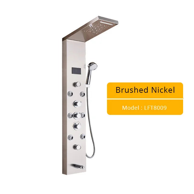 Brushed Nickel Bathroom Shower Column - Wall-Mounted Black LED Shower Panel with Digital Screen, 6 Modes & Rainfall Mixer Tap
