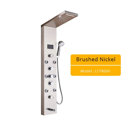 Brushed Nickel Bathroom Shower Column - Wall-Mounted Black LED Shower Panel with Digital Screen, 6 Modes & Rainfall Mixer Tap