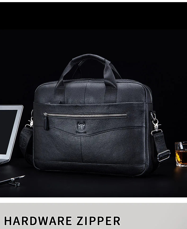 BULLCAPTAIN Men's Genuine Leather Briefcase – 14-Inch Laptop Shoulder Messenger Bag for Business & Office