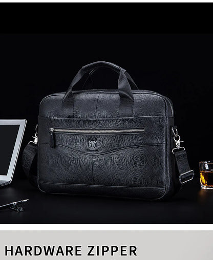BULLCAPTAIN Men's Genuine Leather Briefcase – 14-Inch Laptop Shoulder Messenger Bag for Business & Office