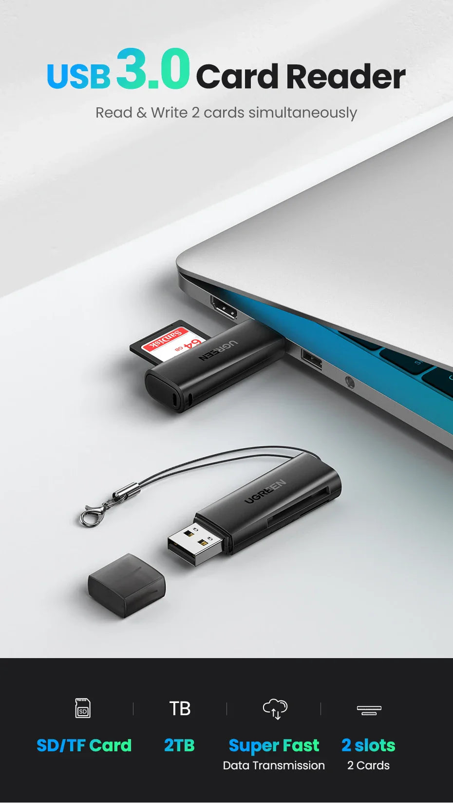 UGREEN USB 3.0 Card Reader – SD/Micro SD/TF Memory Card Adapter for PC & Laptop Accessories