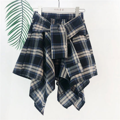 TOTRUST Women’s Fashion Asymmetrical Summer Plaid Mini Skirt – Casual College Style Fake Shirt Design