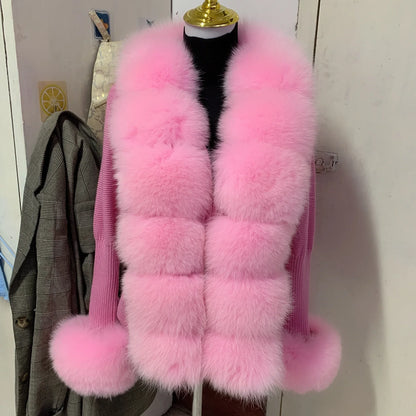 Women’s Spring & Autumn Sweater Cardigan – Real Fox Fur Collar Jacket, Natural Fur Outerwear