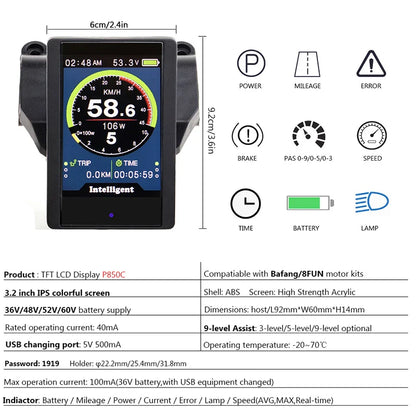 P850C Electric Bicycle Indicator – Full-Color LCD BF-UART Display for Bafang Mid Hub Motor, 36V-60V E-Bike