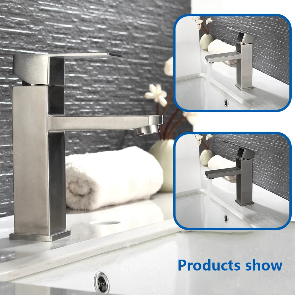 Matte Black Basin Sink Faucet - Deck Mounted Hot & Cold Water Mixer Tap for Bathroom Lavatory Sink (Hose Not Included)