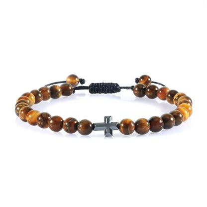 Natural Stone Bead Cross Bracelet - 6mm Braided Christian Prayer Jewelry with Jesus Charm for Men & Women