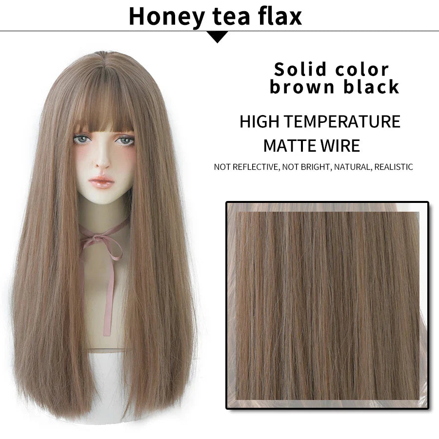 7JHHWIGS Long Straight Light Brown Synthetic Wig with Bangs – Heat-Resistant Daily Wear Wig for Women