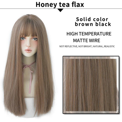 7JHHWIGS Long Straight Light Brown Synthetic Wig with Bangs – Heat-Resistant Daily Wear Wig for Women