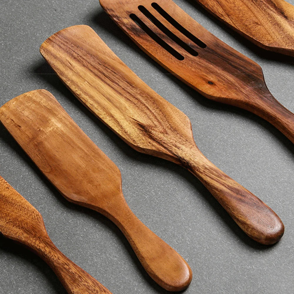 1-9pcs Teak Wood Tableware Set – Natural Wooden Cooking Spoons, Colander Spoon & Soup Skimmer Kitchen Tool Kit