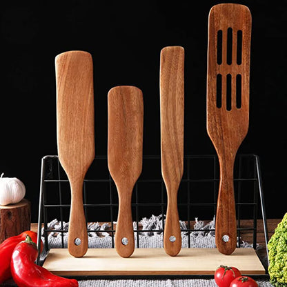 1-9pcs Teak Wood Tableware Set – Natural Wooden Cooking Spoons, Colander Spoon & Soup Skimmer Kitchen Tool Kit