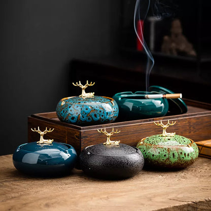 Ceramic Ashtray with Lid - Round Living Room Anti-Fly Ash Cigar Ashtray for Home Decor, Ideal Boyfriend Gift