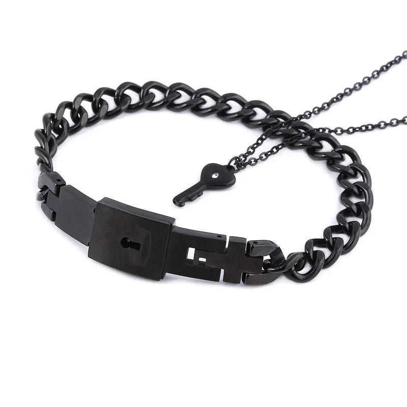 Couple Jewelry Set – Stainless Steel Love Heart Lock Bracelets & Key Pendant Necklace for Men & Women Gift