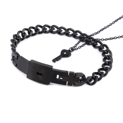 Couple Jewelry Set – Stainless Steel Love Heart Lock Bracelets & Key Pendant Necklace for Men & Women Gift