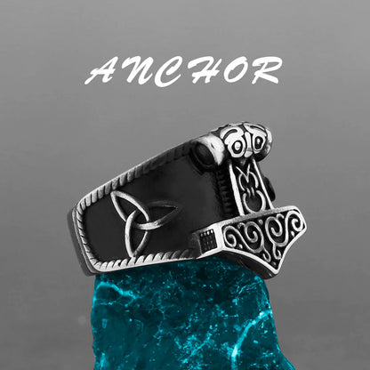 Nordic Viking Stainless Steel Ring - Compass Tree of Life Rune Wolf Amulet Jewelry for Men & Women
