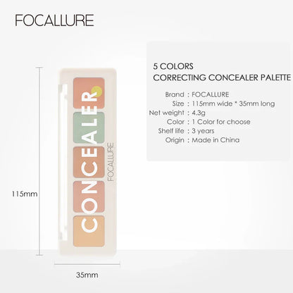 FOCALLURE 5-Color Face Concealer Palette – Waterproof, Moisturizing, Oil-Control Contour & Brightening Makeup Primer