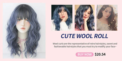 7JHH Brown Ash Long Deep Wave Lolita Wig for Women — Synthetic Hair with Bangs, Thick Curly Fashion Wig