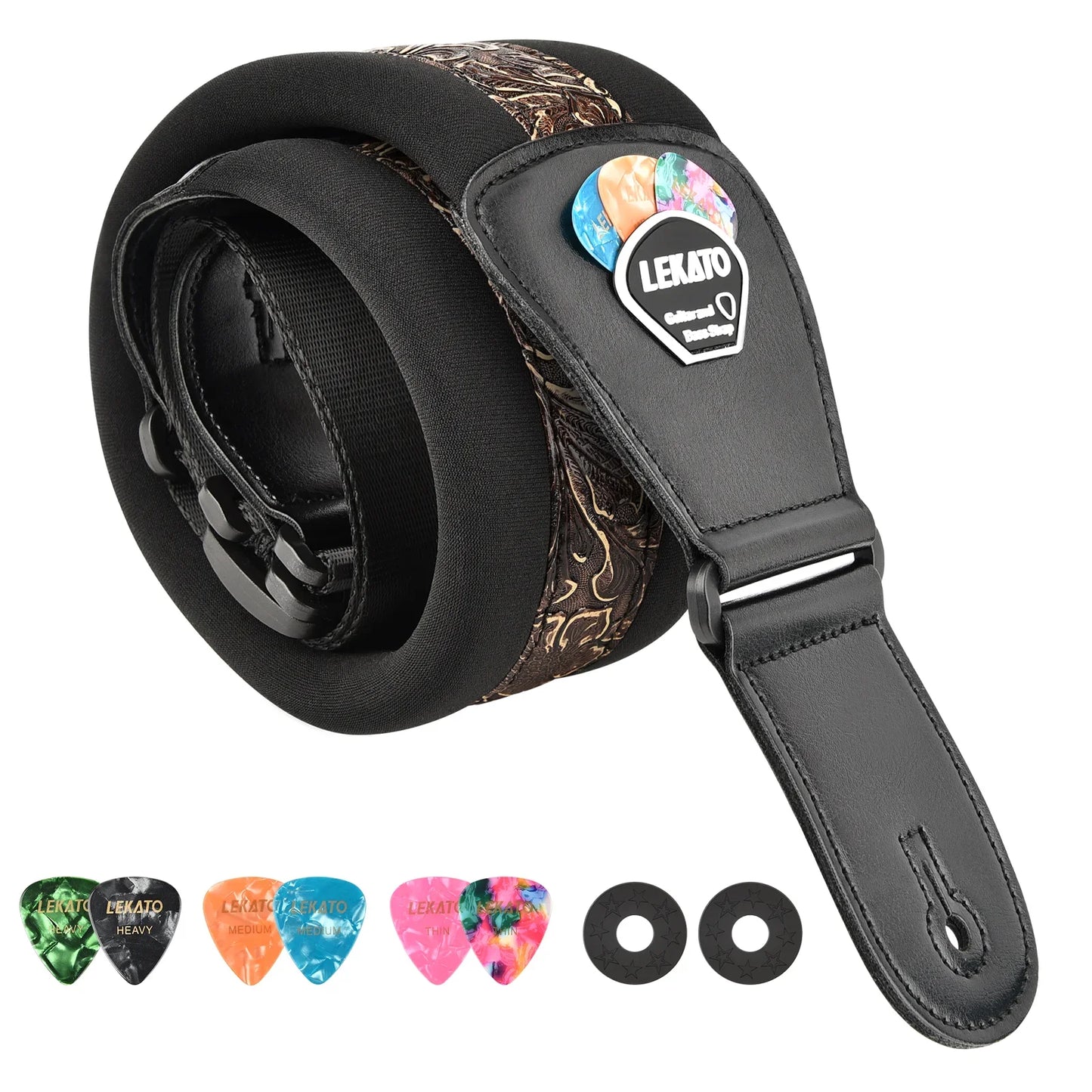 LEKATO LGS-2 Bass Guitar Strap – Adjustable Cowhide Strap with 6 Picks, Acoustic & Electric Bass Guitar Belt, Accessories