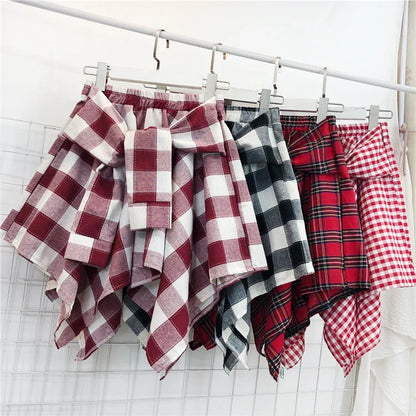TOTRUST Women’s Fashion Asymmetrical Summer Plaid Mini Skirt – Casual College Style Fake Shirt Design