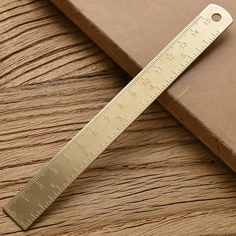 Vintage Brass Straight Ruler — Metal Triangle Protractor Measuring Tool for Students