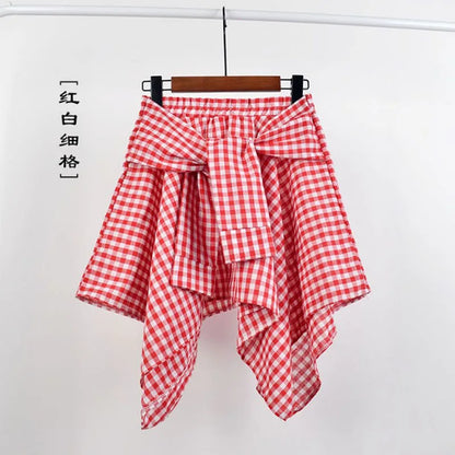 TOTRUST Women’s Fashion Asymmetrical Summer Plaid Mini Skirt – Casual College Style Fake Shirt Design