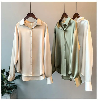 Elegant Satin Women’s Shirt — Loose Vintage Blouse with Turn-Down Collar for Spring & Autumn