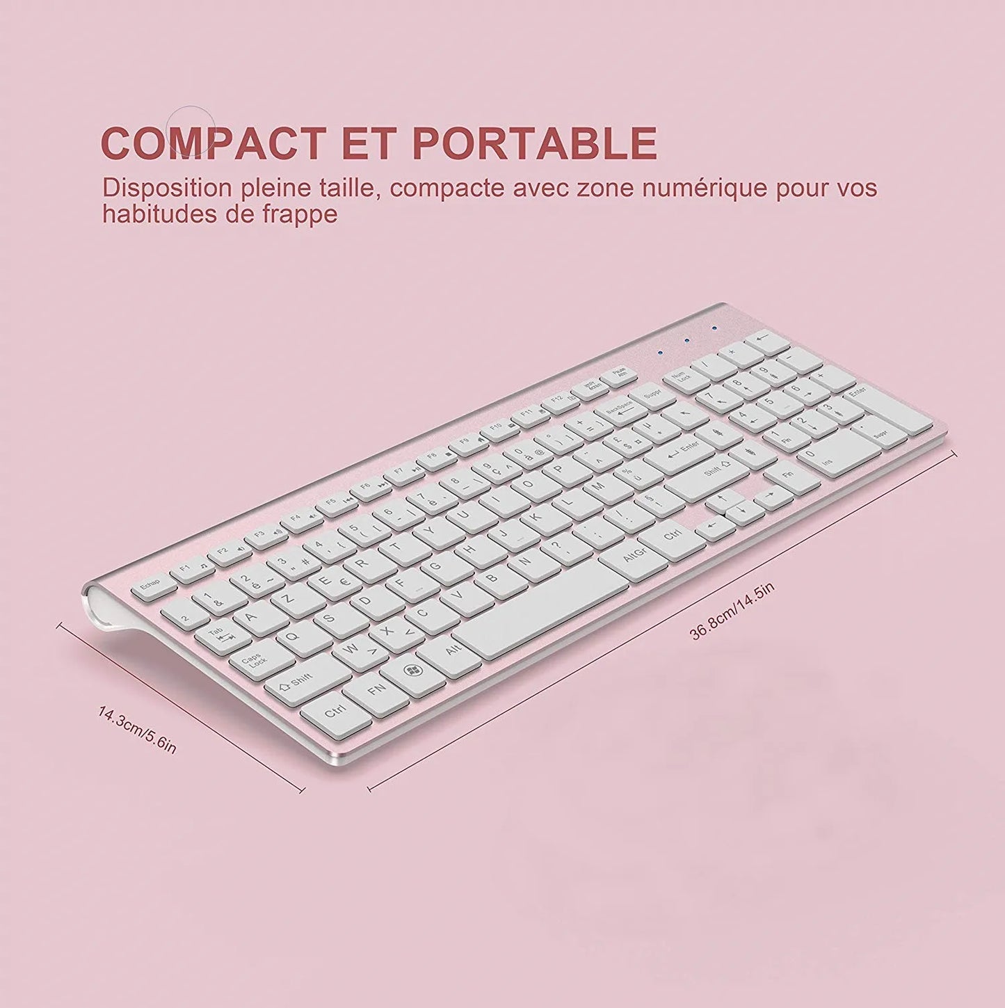 Wireless AZERTY Keyboard 2.4G USB — Ultra-Thin, Silent, Ergonomic French Keyboard for PC & Laptop, Pink/Grey/Silver