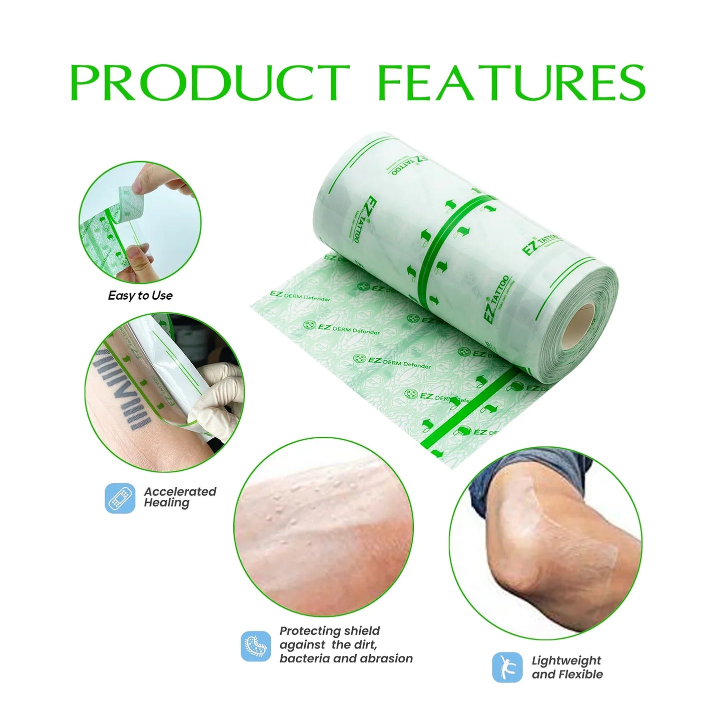 EZ Premium Derm Defender Tattoo Film – Clear Adhesive Protective Shield for Aftercare & Tattoo Healing