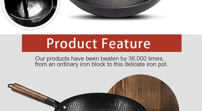 Konco 32cm Pure Cast Iron Wok – Non-Coated Chinese Wok Pan for Gas & Induction Cookers