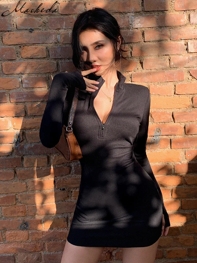 Elegant Black Turtleneck Bodycon Dress for Autumn/Winter | Slim Ribbed Knitted Style | Women's Long Sleeve Mini Dress by Macheda