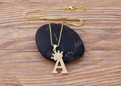 Nidin Luxury A-Z Crown Alphabet Pendant – Copper Zircon Initial Necklace Chain, Hip-Hop Style Jewelry for Men & Women