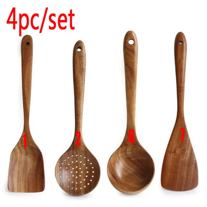 1-7pcs Teak Wood Tableware Set – Natural Wooden Spoons, Colander Spoon & Soup Skimmer Cooking Tool Kit