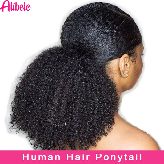 Alibele Mongolian Afro Kinky Curly Drawstring Ponytail – 4B/4C Remy Human Hair Extensions 10-28 Inch Clip-In