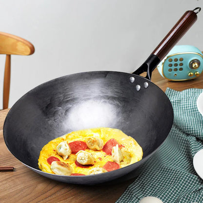 Hand Forged Household Iron Wok, Pure Iron Pan with Wooden Handle, Non-Coating, Non-Stick, for Gas Cooker