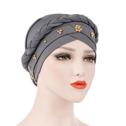 Women’s Cotton Head Scarf – Solid Turban Bonnet Hijab Cap with White Pearl Inner, Muslim Arab Wrap