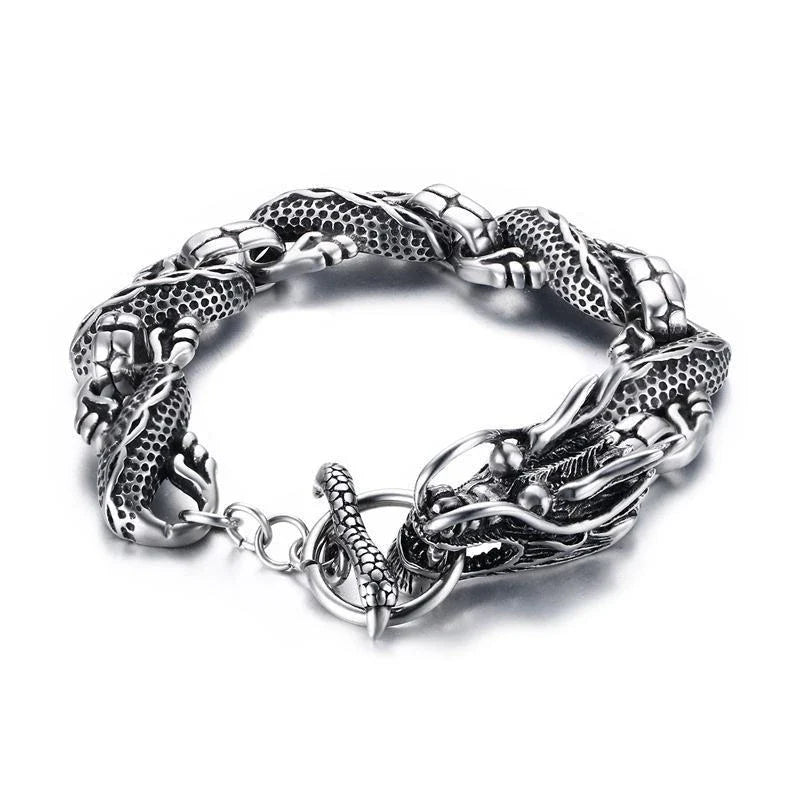 Ethnic Wind Dragon Bracelet – Vintage Silver Plated Cuff Bangle, Motorcycle Riding Charm Jewelry Gift for Men