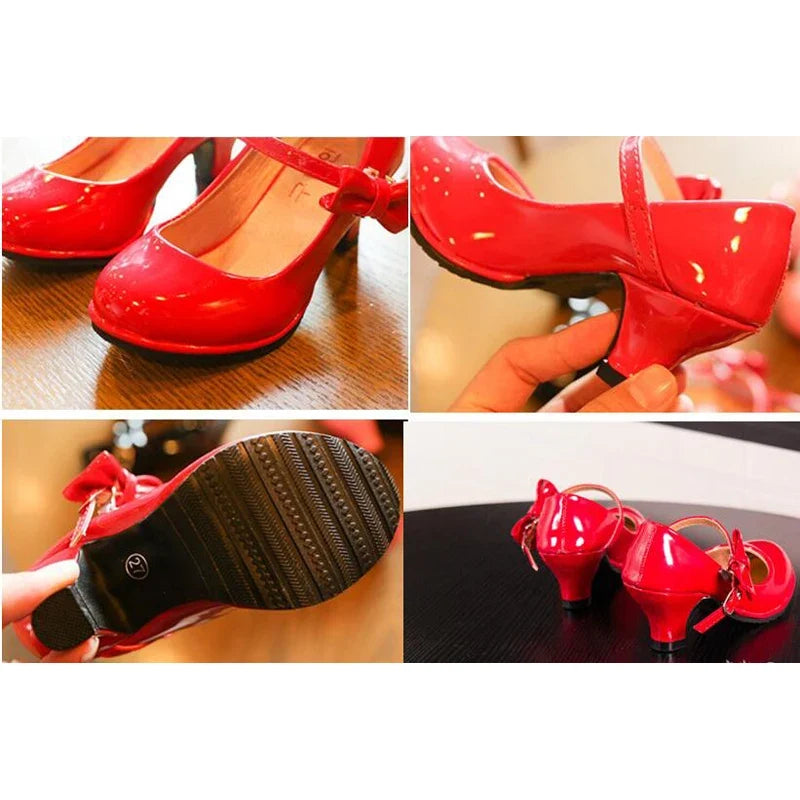 Girls Princess Bowtie Leather Sandals - Sweet High Heel Shoes for Children, Autumn Dress Footwear SZ107