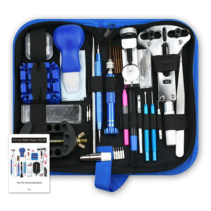 212pcs Watch Repair Tool Kit – Watch Opener, Screwdrivers, Pry Knife, Pin Hammer & Band Link Set for Watchmakers and Clockmakers