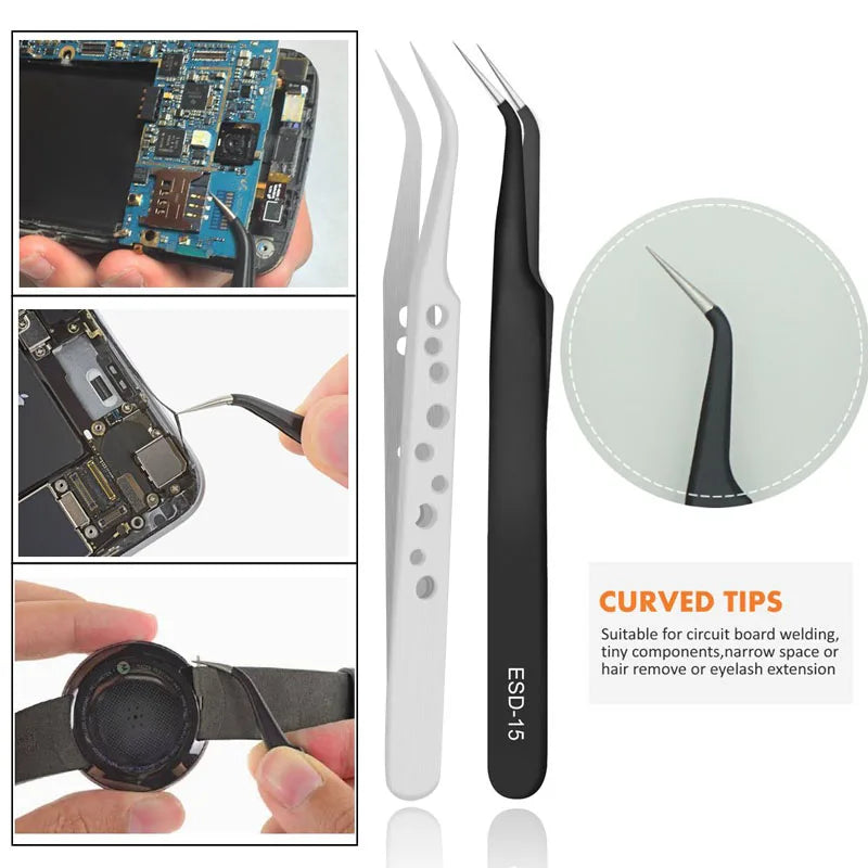 9-Pcs Stainless Steel Tweezers Set — Anti-Static Precision Tools for Electronics & Phone Repair