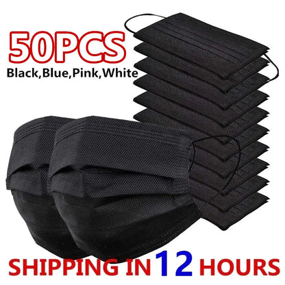 3 Layer Disposable Face Masks – Anti-Dust Protective Masks with Melt Blown Cloth, Earloops, Black Mascarillas