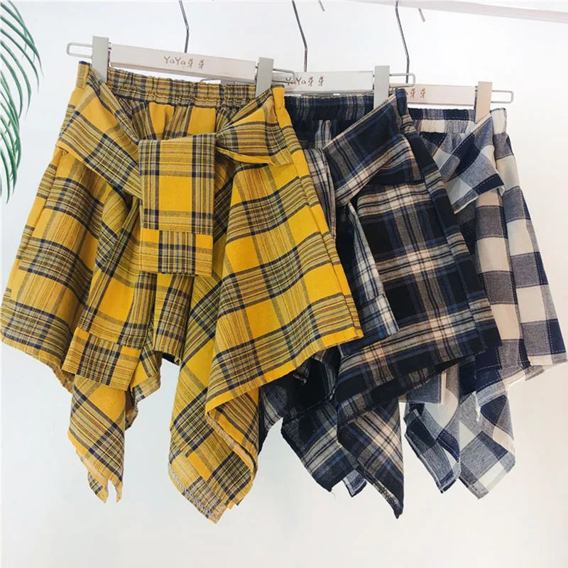 TOTRUST Women’s Fashion Asymmetrical Summer Plaid Mini Skirt – Casual College Style Fake Shirt Design